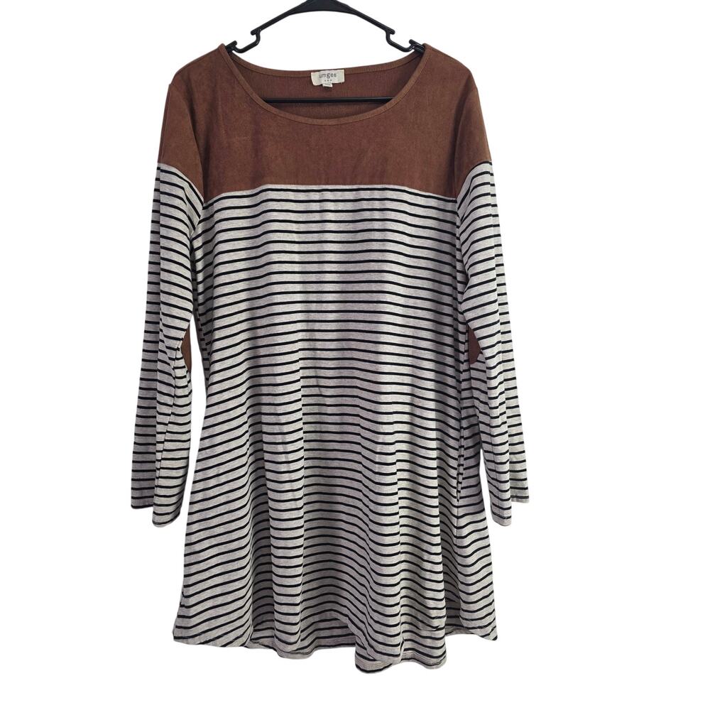 Umgee Midi Dress L Womens Brown Striped Long Sleeve Pullover Pockets Casual